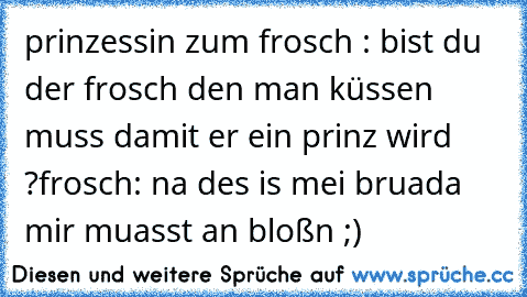 prinzessin zum frosch : bist du der frosch den man küssen muss damit er ein prinz wird ?
frosch: na des is mei bruada mir muasst an bloßn ;)