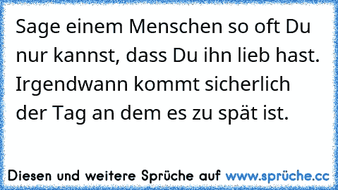 Sage einem Menschen so oft Du nur kannst, dass Du ihn lieb hast. Irgendwann kommt sicherlich der Tag an dem es zu spät ist.