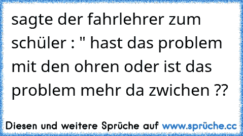 sagte der fahrlehrer zum schüler : " hast das problem mit den ohren oder ist das problem mehr da zwichen ??