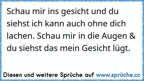 Schau mir ins gesicht und du siehst ich kann auch ohne dich lachen. Schau mir in die Augen & du siehst das mein Gesicht lügt.