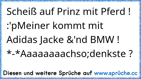 Scheiß auf Prinz mit Pferd ! :'p
Meiner kommt mit Adidas Jacke &'nd BMW ! ♥ *-*
Aaaaaaaachso;denkste ?