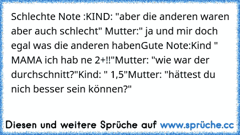 Schlechte Note :
KIND: "aber die anderen waren aber auch schlecht" 
Mutter:" ja und mir doch egal was die anderen haben
Gute Note:
Kind " MAMA ich hab ne 2+!!"
Mutter: "wie war der durchschnitt?"
Kind: " 1,5"
Mutter: "hättest du nich besser sein können?"