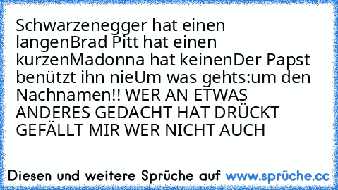 Schwarzenegger hat einen langen
Brad Pitt hat einen kurzen
Madonna hat keinen
Der Papst benützt ihn nie
Um was gehts:
um den Nachnamen!! 
WER AN ETWAS ANDERES GEDACHT HAT DRÜCKT GEFÄLLT MIR WER NICHT AUCH