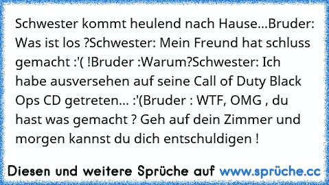 Schwester kommt heulend nach Hause...
Bruder: Was ist los ?
Schwester: Mein Freund hat schluss gemacht :'( !
Bruder :Warum?
Schwester: Ich habe ausversehen auf seine Call of Duty Black Ops CD getreten... :'(
Bruder : WTF, OMG , du hast was gemacht ? Geh auf dein Zimmer und morgen kannst du dich entschuldigen !