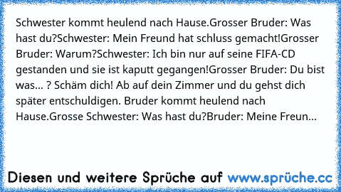 Schwester kommt heulend nach Hause.
Grosser Bruder: Was hast du?
Schwester: Mein Freund hat schluss gemacht!
Grosser Bruder: Warum?
Schwester: Ich bin nur auf seine FIFA-CD gestanden und sie ist kaputt gegangen!
Grosser Bruder: Du bist was... ? Schäm dich! Ab auf dein Zimmer und du gehst dich später entschuldigen. 
Bruder kommt heulend nach Hause.
Grosse Schwester: Was hast du?
Bruder: Meine Fr...