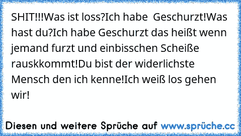 SHIT!!!
Was ist loss?
Ich habe  Geschurzt!
Was hast du?
Ich habe Geschurzt das heißt wenn jemand furzt und einbisschen Scheiße rauskkommt!
Du bist der widerlichste Mensch den ich kenne!
Ich weiß los gehen wir!