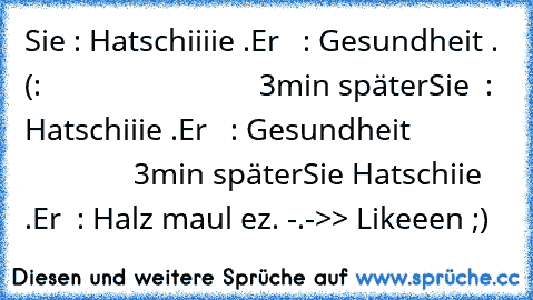 Sie : Hatschiiiie .
Er   : Gesundheit . (:
                            3min später
Sie  : Hatschiiie .
Er   : Gesundheit
                           3min später
Sie Hatschiie .
Er  : Halz maul ez. -.-
>> Likeeen ;)