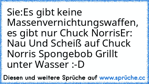 Sie:Es gibt keine Massenvernichtungswaffen, es gibt nur Chuck Norris
Er: Nau Und Scheiß auf Chuck Norris Spongebob Grillt unter Wasser :-D