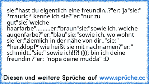 sie:"hast du eigentlich eine freundin..?"
er:"ja"
sie:" *traurig* kenne ich sie?"
er:"nur zu gut"
sie:"welche haarfarbe"
.........er:"braun"
sie:"sowie ich. welche augenfarbe?"
er:"blau"
sie:"sowie ich. wo wohnt sie"
er:"ziemlich in der nähe von dir.."
sie:" *herzklopf* wie heißt sie mit nachnamen?"
er:" schmidt.."
sie:" sowie ich!!?! ((((: bin ich deine freundin ♥?"
er: "nope deine mudda" 
:D