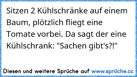 Sitzen 2 Kühlschränke auf einem Baum, plötzlich fliegt eine Tomate vorbei. Da sagt der eine Kühlschrank: "Sachen gibt's?!"