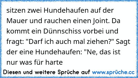 sitzen zwei Hundehaufen auf der Mauer und rauchen einen Joint. Da kommt ein Dünnschiss vorbei und fragt: "Darf ich auch mal ziehen?" Sagt der eine Hundehaufen: "Ne, das ist nur was für harte