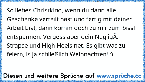 So liebes Christkind, wenn du dann alle Geschenke verteilt hast und fertig mit deiner Arbeit bist, dann komm doch zu mir zum bissl entspannen. Vergess aber dein Negligé, Strapse und High Heels net. Es gibt was zu feiern, is ja schließlich Weihnachten! ;)