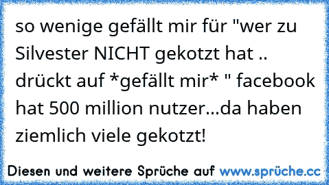 so wenige gefällt mir für "wer zu Silvester NICHT gekotzt hat .. drückt auf *gefällt mir* " facebook hat 500 million nutzer...
da haben ziemlich viele gekotzt!