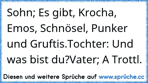 Sohn; Es gibt, Krocha, Emos, Schnösel, Punker und Gruftis.
Tochter: Und was bist du?
Vater; A Trottl.