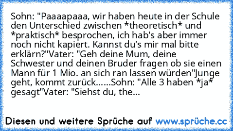 Sohn: "Paaaapaaa, wir haben heute in der Schule den Unterschied zwischen *theoretisch* und *praktisch* besprochen, ich hab's aber immer noch nicht kapiert. Kannst du's mir mal bitte erklärn?"
Vater: "Geh deine Mum, deine Schwester und deinen Bruder fragen ob sie einen Mann für 1 Mio.€ an sich ran lassen würden"
Junge geht, kommt zurück...
...
Sohn: "Alle 3 haben *ja* gesagt"
Vater: "Siehst du, ...