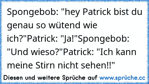 Spongebob: "hey Patrick bist du genau so wütend wie ich?"
Patrick: "Ja!"
Spongebob: "Und wieso?"
Patrick: "Ich kann meine Stirn nicht sehen!!"