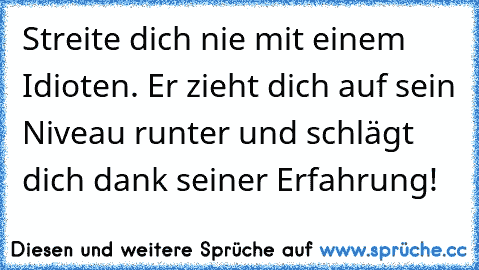 Streite dich nie mit einem Idioten. Er zieht dich auf sein Niveau runter und schlägt dich dank seiner Erfahrung!