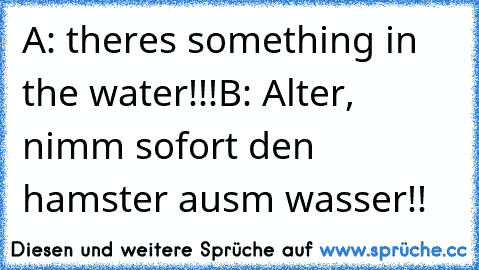 A: there´s something in the water!!!
B: Alter, nimm sofort den hamster ausm wasser!!