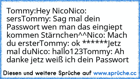 Tommy:Hey Nico
Nico: sers
Tommy: Sag mal dein Passwort wen man das eingiept kommen Stärnchen^^
Nico: Mach du erster
Tommy: ok ******
Jetz mal du
Nico: hallo123
Tommy: Ah danke jetz weiß ich dein Passwort