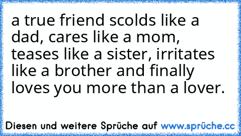 a true friend scolds like a dad, cares like a mom, teases like a sister, irritates like a brother and finally loves you more than a lover. ♥