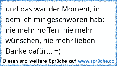 und das war der Moment, in dem ich mir geschworen hab; nie mehr hoffen, nie mehr wünschen, nie mehr lieben! Danke dafür... =(