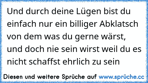 Und durch deine Lügen bist du einfach nur ein billiger Abklatsch von dem was du gerne wärst, und doch nie sein wirst weil du es nicht schaffst ehrlich zu sein