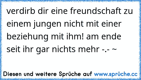 verdirb dir eine freundschaft zu einem jungen nicht mit einer beziehung mit ihm! am ende seit ihr gar nichts mehr -.- ~