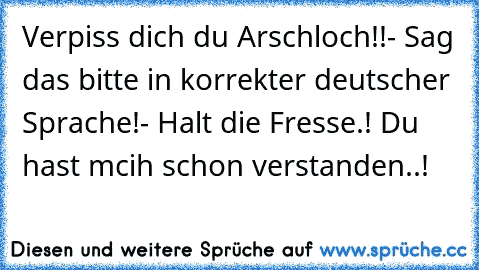 Verpiss dich du Arschloch!!
- Sag das bitte in korrekter deutscher Sprache!
- Halt die Fresse.! Du hast mcih schon verstanden..!