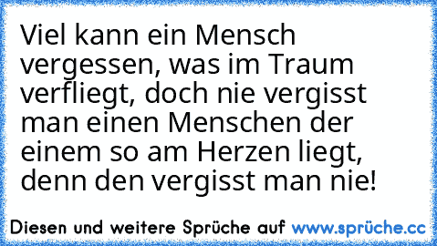 Viel kann ein Mensch vergessen, was im Traum verfliegt, doch nie vergisst man einen Menschen der einem so am Herzen liegt, denn den vergisst man nie!