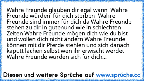 Wahre Freunde glauben dir egal wann ♥ 
Wahre Freunde würden  für dich sterben ♥ 
Wahre Freunde sind immer für dich da ♥
Wahre Freunde stehen zu dir in guten
und wie in schlechten Zeiten ♥
Wahre Freunde mögen dich wie du bist und wollen dich nicht ändern ♥
Wahre Freunde können mit dir Pferde stehlen und sich danach kaputt lachen selbst wen ihr erwischt werdet ♥
Wahre Freunde würden sich für dich...