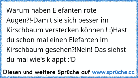 Warum haben Elefanten rote Augen?!
-Damit sie sich besser im Kirschbaum verstecken können ! :)
Hast du schon mal einen Elefanten im Kirschbaum gesehen?!
Nein! Das siehst du mal wie's klappt :'D