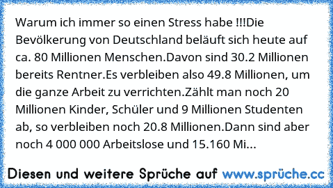 Warum ich immer so einen Stress habe !!!
Die Bevölkerung von Deutschland beläuft sich heute auf ca. 80 Millionen Menschen.
Davon sind 30.2 Millionen bereits Rentner.
Es verbleiben also 49.8 Millionen, um die ganze Arbeit zu verrichten.
Zählt man noch 20 Millionen Kinder, Schüler und 9 Millionen Studenten ab, so verbleiben noch 20.8 Millionen.
Dann sind aber noch 4 000 000 Arbeitslose und 15.160...