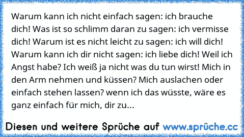 Warum kann ich nicht einfach sagen: ich brauche dich! Was ist so schlimm daran zu sagen: ich vermisse dich! Warum ist es nicht leicht zu sagen: ich will dich! Warum kann ich dir nicht sagen: ich liebe dich! Weil ich Angst habe? Ich weiß ja nicht was du tun wirst! Mich in den Arm nehmen und küssen? Mich auslachen oder einfach stehen lassen? wenn ich das wüsste, wäre es ganz einfach für mich, dir...