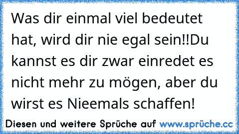 Was dir einmal viel bedeutet hat, wird dir nie egal sein!!
Du kannst es dir zwar einredet es nicht mehr zu mögen, aber du wirst es Nieemals schaffen! ♥