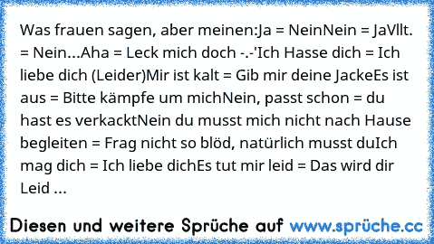 Was frauen sagen, aber meinen:
Ja = Nein
Nein = Ja
Vllt. = Nein
...
Aha = Leck mich doch -.-'
Ich Hasse dich = Ich liebe dich (Leider)
Mir ist kalt = Gib mir deine Jacke
Es ist aus = Bitte kämpfe um mich
Nein, passt schon = du hast es verkackt
Nein du musst mich nicht nach Hause begleiten = Frag nicht so blöd, natürlich musst du
Ich mag dich = Ich liebe dich
Es tut mir leid = Das wird dir Leid ...