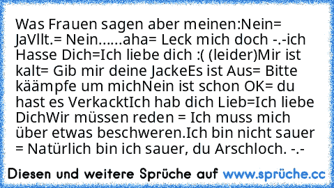 Was Frauen sagen aber meinen:
Nein= Ja
Vllt.= Nein
......aha= Leck mich doch -.-
ich Hasse Dich=Ich liebe dich :( (leider)
Mir ist kalt= Gib mir deine Jacke
Es ist Aus= Bitte käämpfe um mich
Nein ist schon OK= du hast es Verkackt
Ich hab dich Lieb=Ich liebe Dich
Wir müssen reden = Ich muss mich über etwas beschweren.
Ich bin nicht sauer = Natürlich bin ich sauer, du Arschloch. -.-