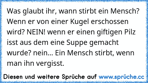 Was glaubt ihr, wann stirbt ein Mensch? Wenn er von einer Kugel erschossen wird? NEIN! wenn er einen giftigen Pilz isst aus dem eine Suppe gemacht wurde? nein... Ein Mensch stirbt, wenn man ihn vergisst.