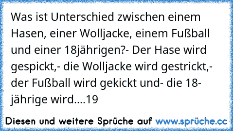 Was ist Unterschied zwischen einem Hasen, einer Wolljacke, einem Fußball und einer 18jährigen?
- Der Hase wird gespickt,
- die Wolljacke wird gestrickt,
- der Fußball wird gekickt und
- die 18- jährige wird....
19