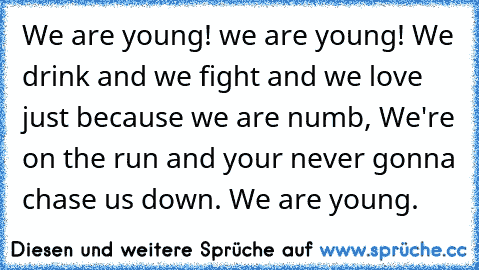 We are young! we are young! We drink and we fight and we love just because we are numb, We're on the run and your never gonna chase us down. We are young.♥