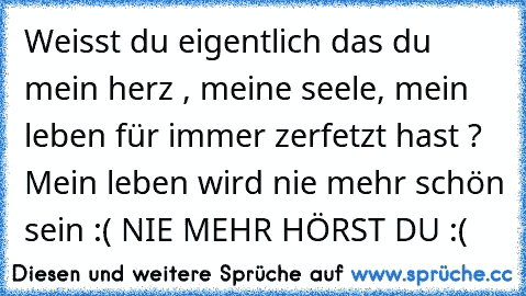 Weisst du eigentlich das du mein herz , meine seele, mein leben für immer zerfetzt hast ? Mein leben wird nie mehr schön sein :( NIE MEHR HÖRST DU :(