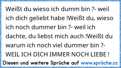 Weißt du wieso ich dumm bin ?
- weil ich dich geliebt habe !
Weißt du, wieso ich noch dummer bin ?
- weil ich dachte, du liebst mich auch !
Weißt du warum ich noch viel dummer bin ?
- WEIL ICH DICH IMMER NOCH LIEBE !