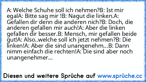 A: Welche Schuhe soll ich nehmen?
B: Ist mir egal
A: Bitte sag mir !
B: Nagut die linken.
A: Gefallen dir denn die anderen nich?
B: Doch, die anderen gefallen mir auch!
A: Aber die linken gefallen dir besser.
B: Mensch, mir gefallen beide gut!
A: Also..welche soll ich jetzt nehmen?
B: Die linken!
A: Aber die sind unangenehm...
B: Dann nimm einfach die rechten!
A: Die sind aber noch unangenehmer...