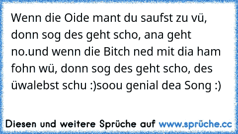 Wenn die Oide mant du saufst zu vü, donn sog des geht scho, ana geht no.
und wenn die Bitch ned mit dia ham fohn wü, donn sog des geht scho, des üwalebst schu :)
soou genial dea Song :)