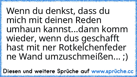 Wenn du denkst, dass du mich mit deinen Reden umhaun kannst...dann komm wieder, wenn dus geschafft hast mit ner Rotkelchenfeder ne Wand umzuschmeißen... ;)