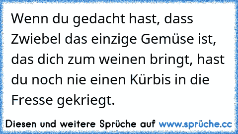 Wenn du gedacht hast, dass Zwiebel das einzige Gemüse ist, das dich zum weinen bringt, hast du noch nie einen Kürbis in die Fresse gekriegt.