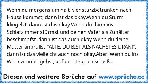 Wenn du morgens um halb vier sturzbetrunken nach Hause kommst, dann ist das okay.
Wenn du Sturm klingelst, dann ist das okay.
Wenn du dann ins Schlafzimmer stürmst und deinen Vater als Zuhälter beschimpfst, dann ist das auch okay.
Wenn du deine Mutter anbrüllst "ALTE, DU BIST ALS NÄCHSTES DRAN!", dann ist das vielleicht auch noch okay.
Aber..
Wenn du ins Wohnzimmer gehst, auf den Teppich scheiß...