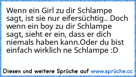 Wenn ein Girl zu dir Schlampe sagt, ist sie nur eifersüchtig.. Doch wenn ein boy zu dir Schlampe sagt, sieht er ein, dass er dich niemals haben kann.
Oder du bist einfach wirklich ne Schlampe :D