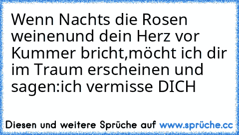 Wenn Nachts die Rosen weinen
und dein Herz vor Kummer bricht,
möcht ich dir im Traum erscheinen und sagen:
ich vermisse DICH