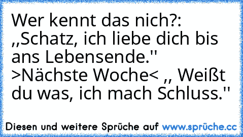 Wer kennt das nich?: ,,Schatz, ich liebe dich bis ans Lebensende.'' >Nächste Woche< ,, Weißt du was, ich mach Schluss.''