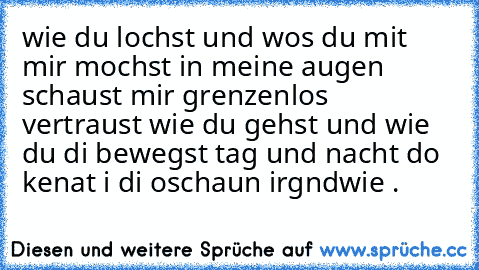 wie du lochst und wos du mit mir mochst in meine augen schaust mir grenzenlos vertraust wie du gehst und wie du di bewegst tag und nacht do kenat i di oschaun irgndwie .